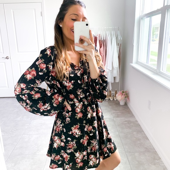Black Floral Print Long Sleeve Fit & Flare Dress - Picture 9 of 14